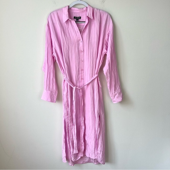 NWT J. Crew Belted Shirt Dress in Washed Nylon Pink Crinkle Midi - Picture 2 of 9